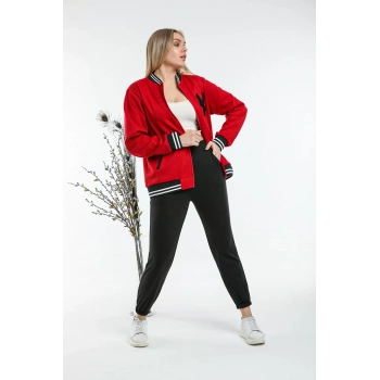Kadın Kırmızı Nakışlı Kolej Ceket Hırka