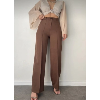Kadın Önü Dikiş Detaylı Kahverengi Palazzo Pantolon