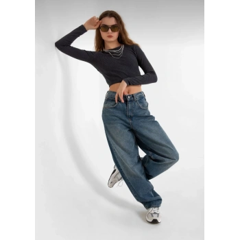 Kadın Mavi Toka Detaylı Geniş Paça Baggy Jean Kot Salaş Pantolon