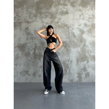 Kadın Siyah Toka Detaylı Baggy Jean