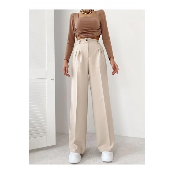 Kadın Bej Yüksek Bel Kumaş Palazzo Pantolon