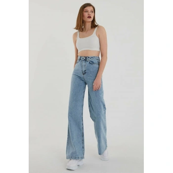 KADIN MAVİ YÜKSEK BEL BOL PAÇA JEANS PANTOLON