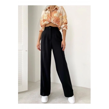 Kadın Siyah Yüksek Bel Kumaş Palazzo Pantolon