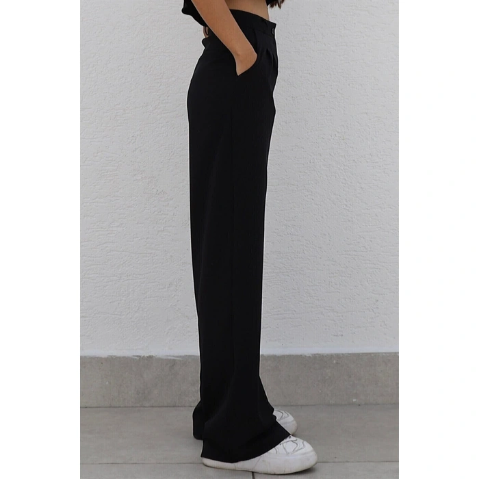 Kadın Siyah Yüksek Bel Kumaş Palazzo Pantolon