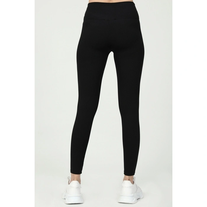 Kadın Siyah Yüksek Bel Toparlayıcı Fitilli Örme Tayt