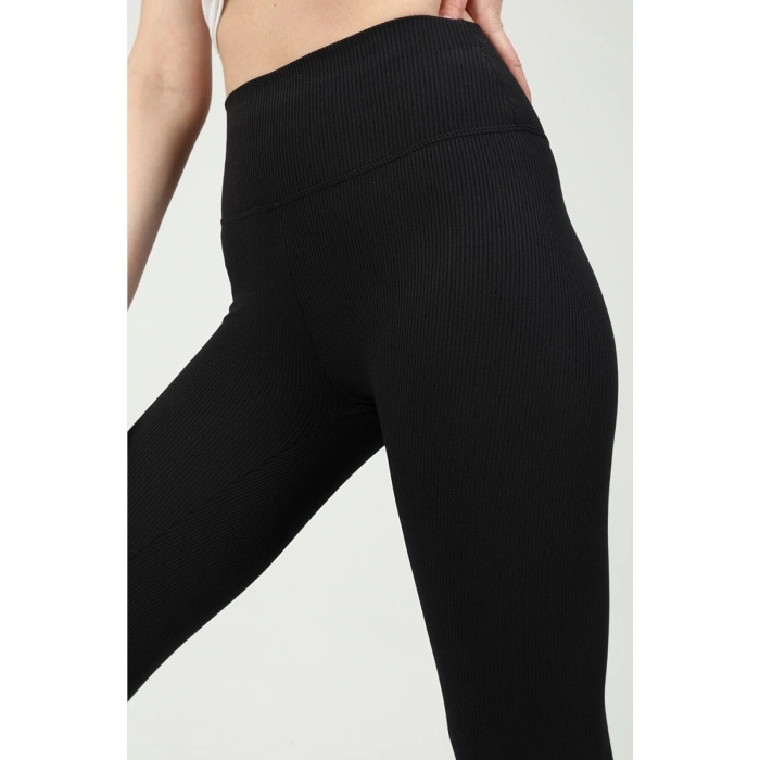 Kadın Siyah Yüksek Bel Toparlayıcı Fitilli Örme Tayt