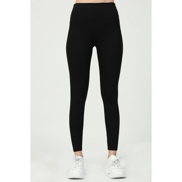 Kadın Siyah Yüksek Bel Toparlayıcı Fitilli Örme Tayt