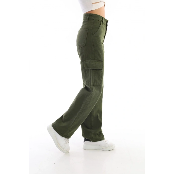 Kadın Haki Yüksek Bel Geniş Paça Kargo Pantolon