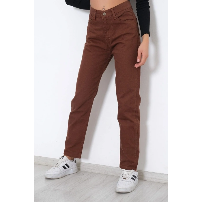 Kadın Kahve Yüksek Bel Boyfriend Pantolon