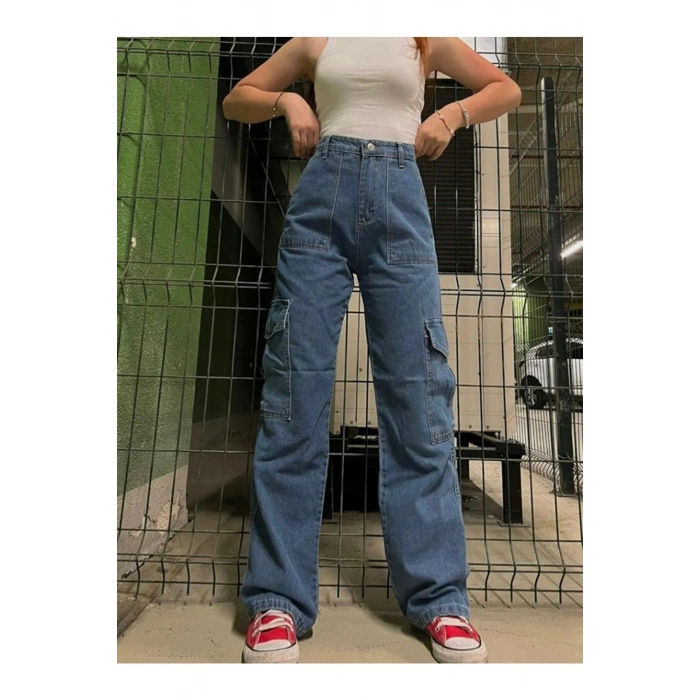 Kadın Koyu Mavi Yüksek Bel Kargo Pantolon