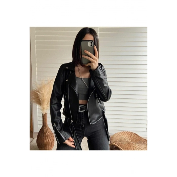 Kadın Siyah Kemerli Deri Ceket