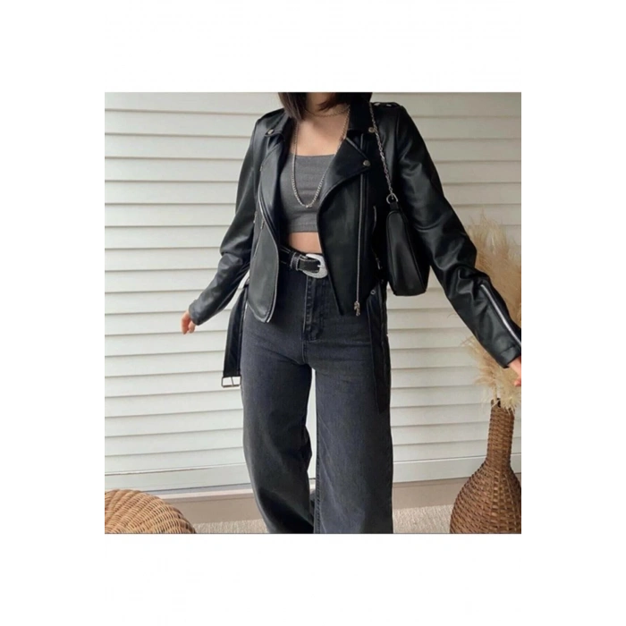 Kadın Siyah Kemerli Deri Ceket