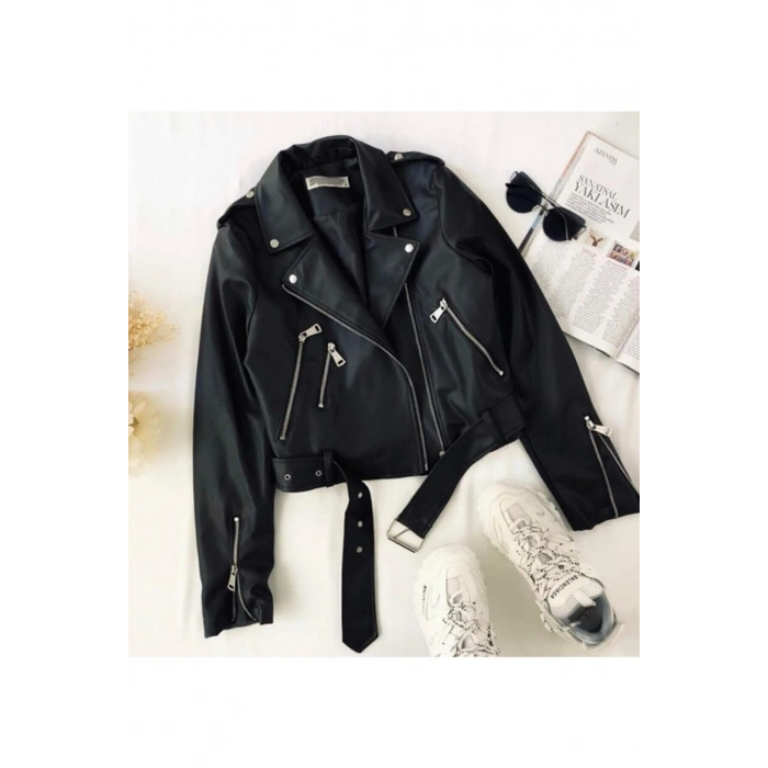 Kadın Siyah Kemerli Deri Ceket