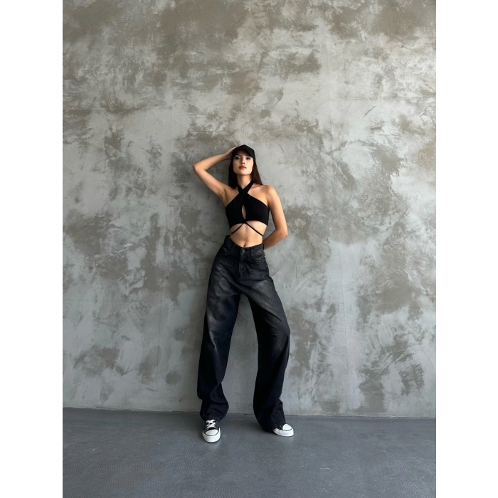 Kadın Siyah Toka Detaylı Baggy Jean