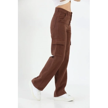 Kadın Kahve Yüksek Bel Geniş Paça Kargo Pantolon