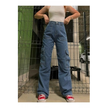 Kadın Koyu Mavi Yüksek Bel Kargo Pantolon