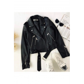 Kadın Siyah Kemerli Deri Ceket