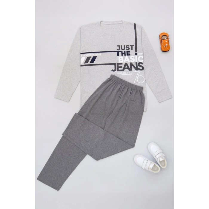 10-16 Yaş Garnili Erkek Çocuk Pijama Takımı Gribeyaz - 50715.1838.