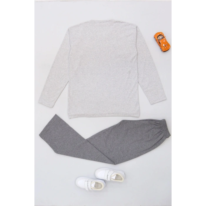 10-16 Yaş Garnili Erkek Çocuk Pijama Takımı Gribeyaz - 50715.1838.