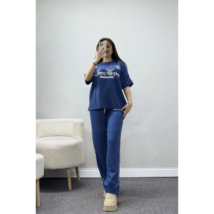 2 İplik Biyeli Baskılı Eşofman Takımı İndigo - 52265.1005.