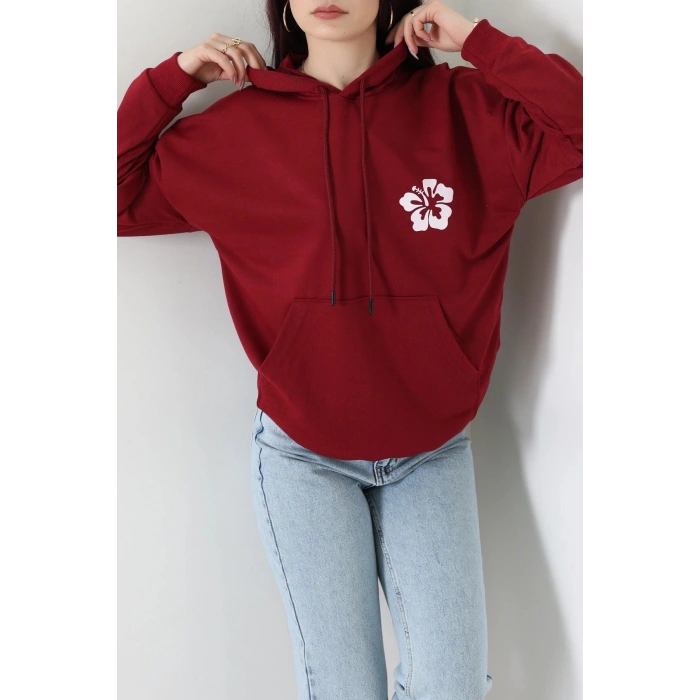 2 İplik Kanguru Cepli Kapşonlu Sweat Bordo - 42721.1878.