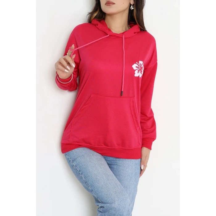 2 İplik Kanguru Cepli Kapşonlu Sweat Fuşyaekru - 42721.1878.