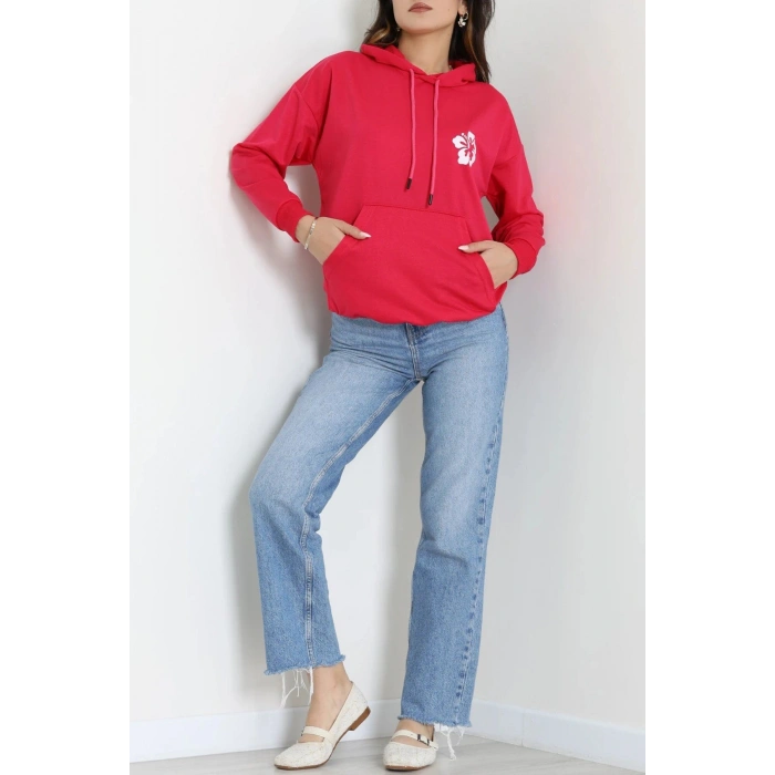 2 İplik Kanguru Cepli Kapşonlu Sweat Fuşyaekru - 42721.1878.