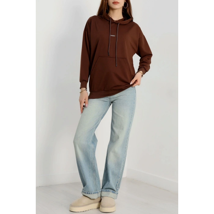 2 İplik Kapşonlu Baskılı Sweatshirt Acıkahve - 31316.1878.