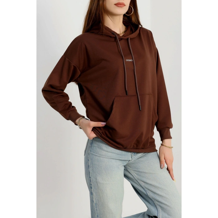 2 İplik Kapşonlu Baskılı Sweatshirt Acıkahve - 31316.1878.
