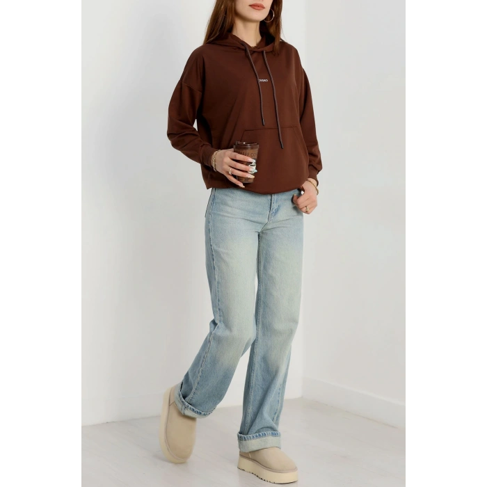 2 İplik Kapşonlu Baskılı Sweatshirt Acıkahve - 31316.1878.