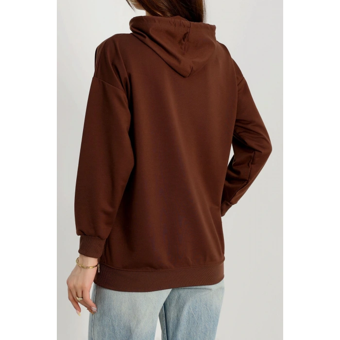 2 İplik Kapşonlu Baskılı Sweatshirt Acıkahve - 31316.1878.