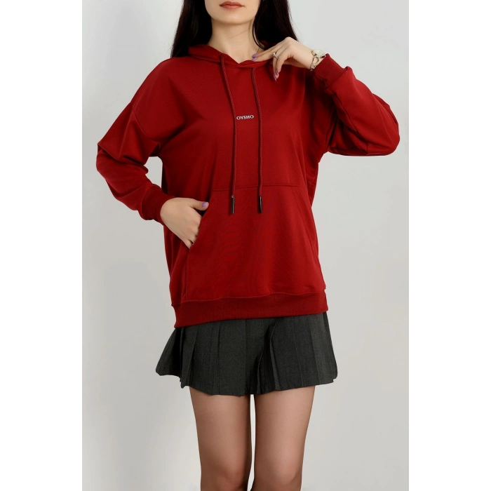 2 İplik Kapşonlu Baskılı Sweatshirt Bordo - 31316.1878.