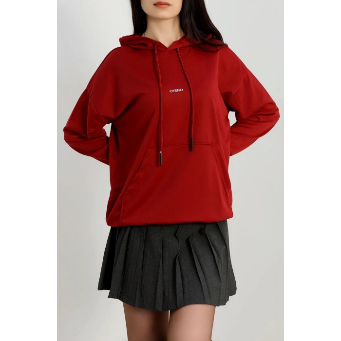 2 İplik Kapşonlu Baskılı Sweatshirt Bordo - 31316.1878.