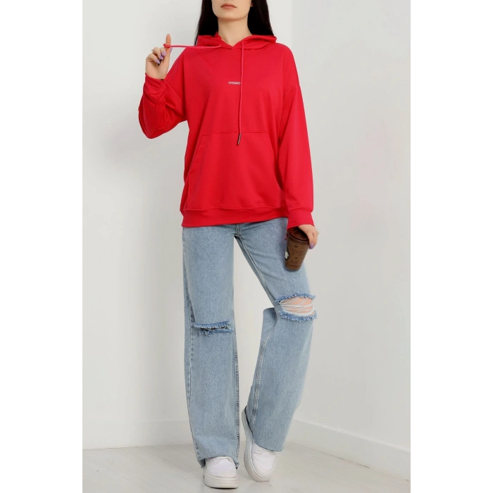 2 İplik Kapşonlu Baskılı Sweatshirt Fuşya - 31316.1878.