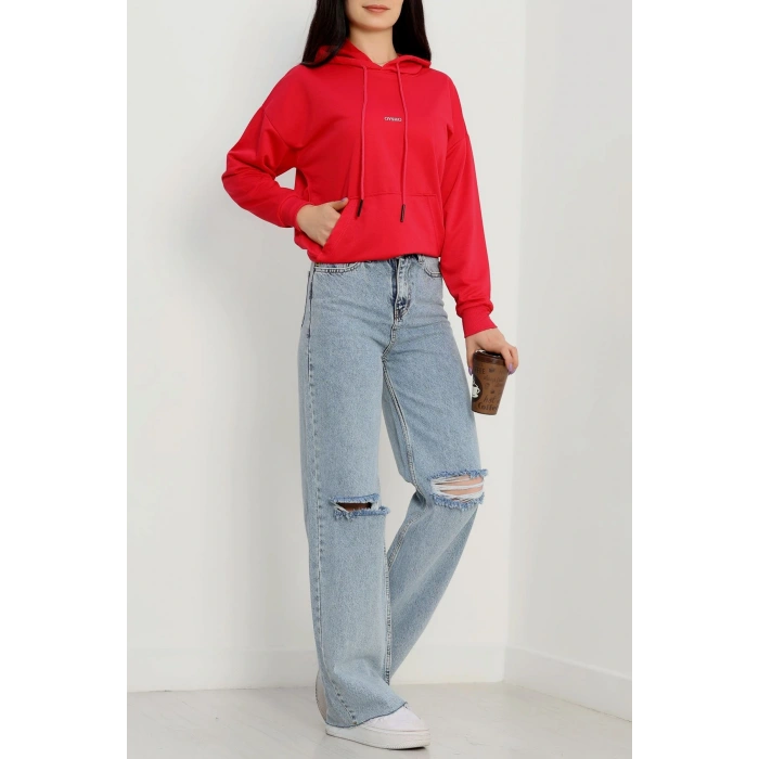 2 İplik Kapşonlu Baskılı Sweatshirt Fuşya - 31316.1878.