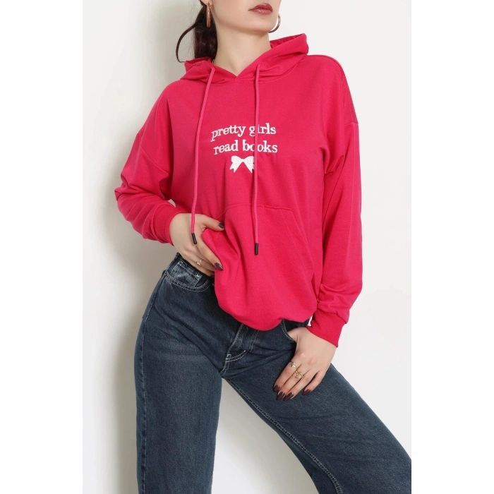 2 İplik Kapşonlu Nakışlı Sweat Fuşyaekru - 42711.1878.