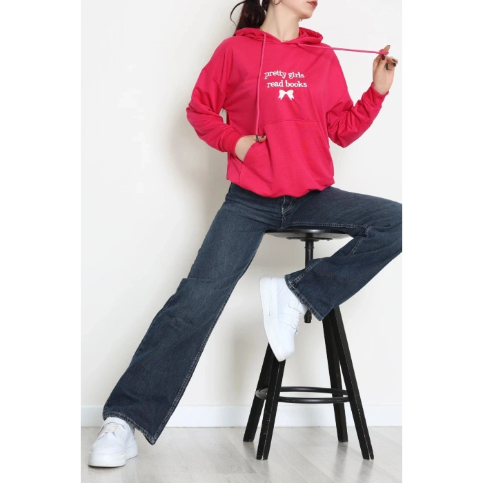2 İplik Kapşonlu Nakışlı Sweat Fuşyaekru - 42711.1878.