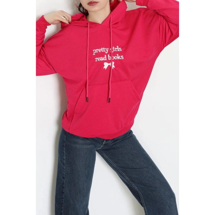 2 İplik Kapşonlu Nakışlı Sweat Fuşyaekru - 42711.1878.