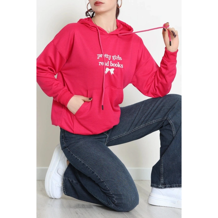 2 İplik Kapşonlu Nakışlı Sweat Fuşyaekru - 42711.1878.