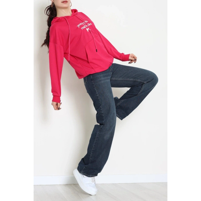 2 İplik Kapşonlu Nakışlı Sweat Fuşyaekru - 42711.1878.