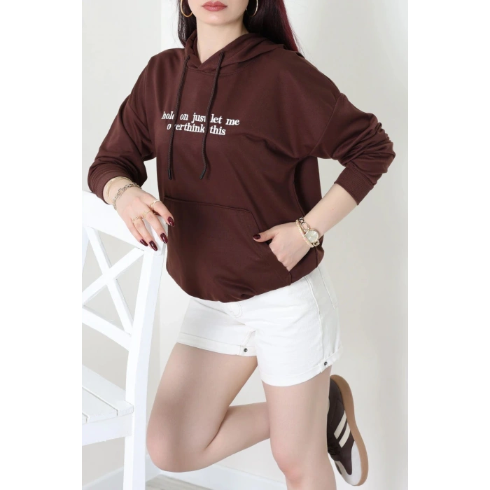 2 İplik Kapşonlu Nakışlı Sweat Kahveekru - 42705.1878.