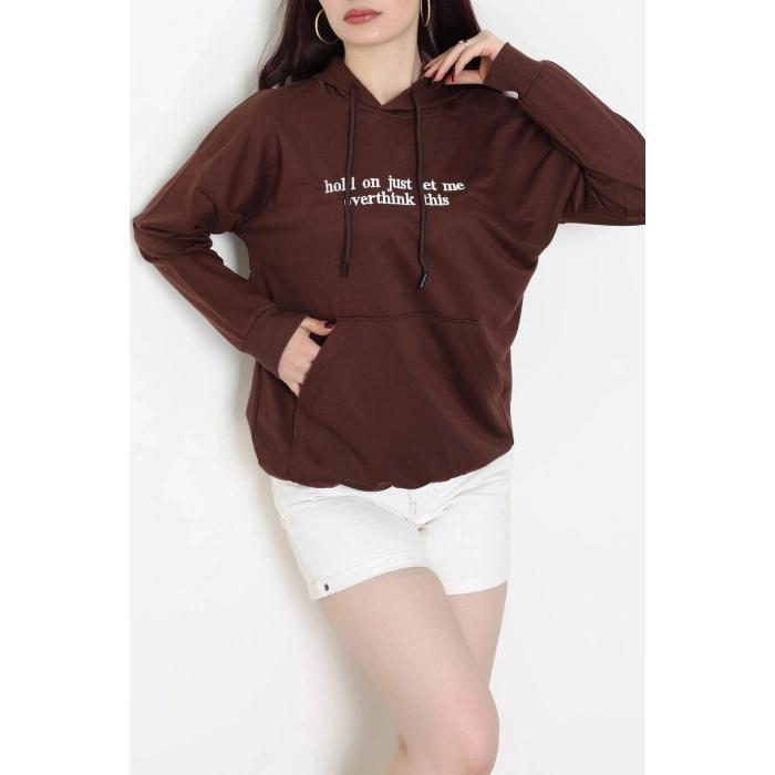2 İplik Kapşonlu Nakışlı Sweat Kahveekru - 42705.1878.