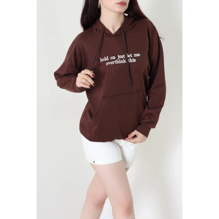 2 İplik Kapşonlu Nakışlı Sweat Kahveekru - 42705.1878.