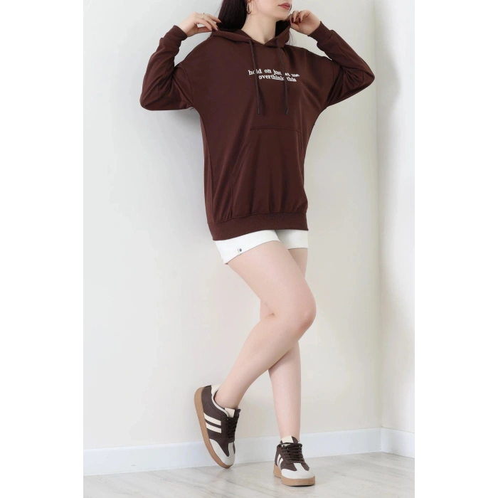 2 İplik Kapşonlu Nakışlı Sweat Kahveekru - 42705.1878.