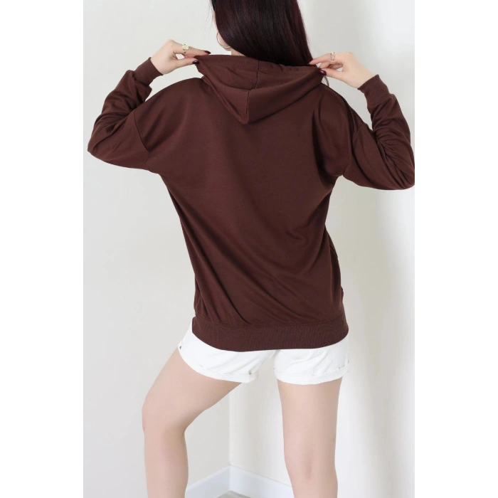 2 İplik Kapşonlu Nakışlı Sweat Kahveekru - 42705.1878.