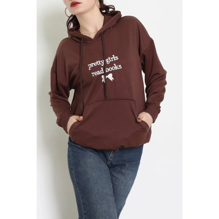 2 İplik Kapşonlu Nakışlı Sweat Kahveekru - 42711.1878.