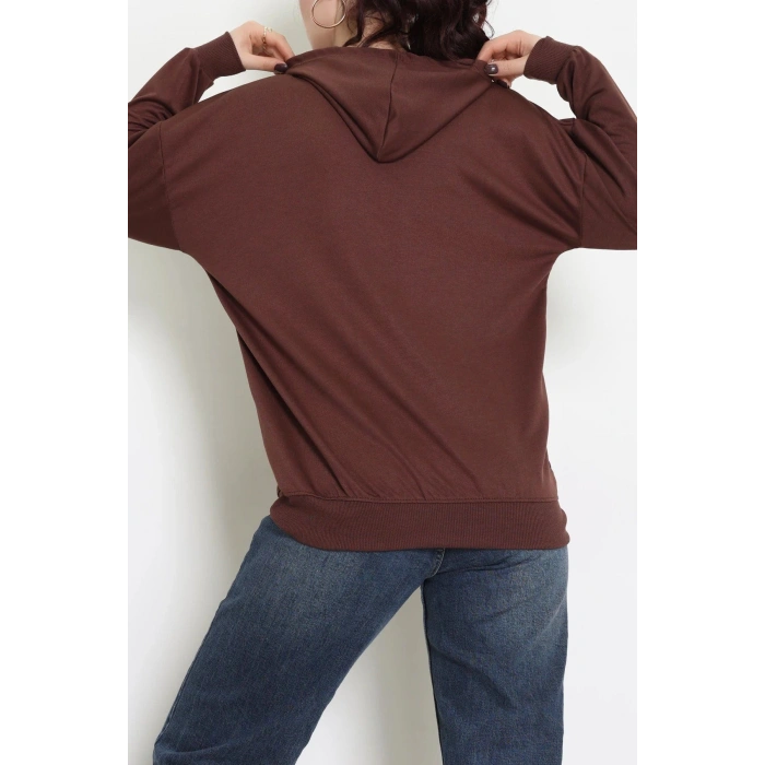 2 İplik Kapşonlu Nakışlı Sweat Kahveekru - 42711.1878.