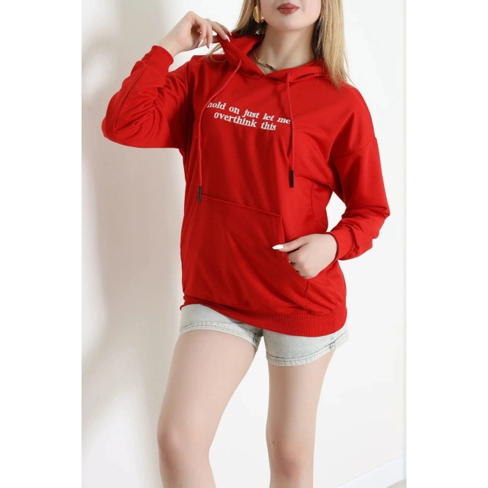 2 İplik Kapşonlu Nakışlı Sweat Kırmızıekru - 42705.1878.