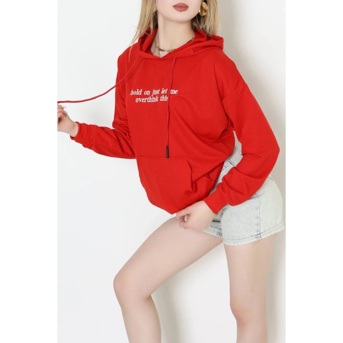 2 İplik Kapşonlu Nakışlı Sweat Kırmızıekru - 42705.1878.