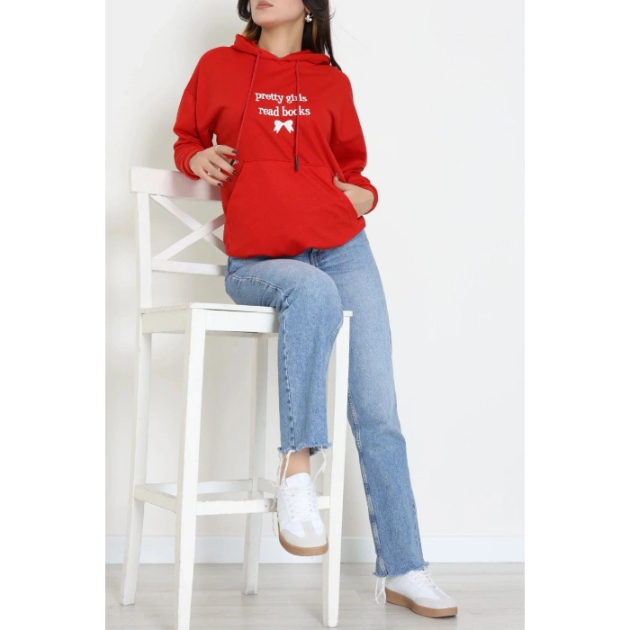 2 İplik Kapşonlu Nakışlı Sweat Kırmızıekru - 42711.1878.